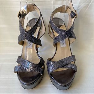 Jimmy Choo Vamp Metallic Slingback Wrap Sandals Platform Heels  Glitter Silver